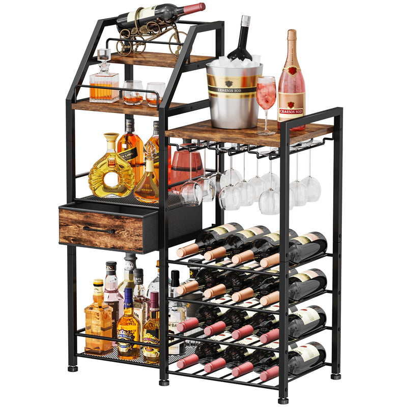HapiRm Wine Rack Freestanding Floor - Multi-Tier Liquor Cabinet with Fabric Drawer Liquor Bottle Display Shelf with Glass Holder Vintage Whiskey Cabinet for Home