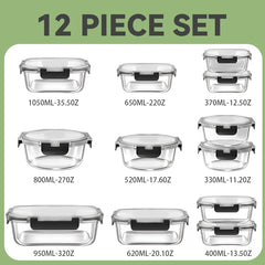 12pcs Glass Lunch Box Food Storage Containers Meal Prep Airtight Bento Boxes for Microwave Oven Freezer and Dishwasher BPA Free