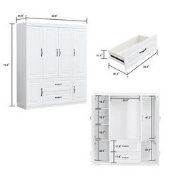 74" White Solid Wood Wardrobe